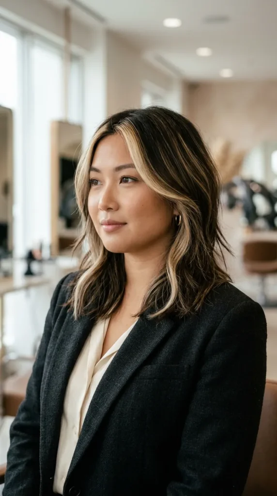 Medium Layered Hair with Money Piece Highlights