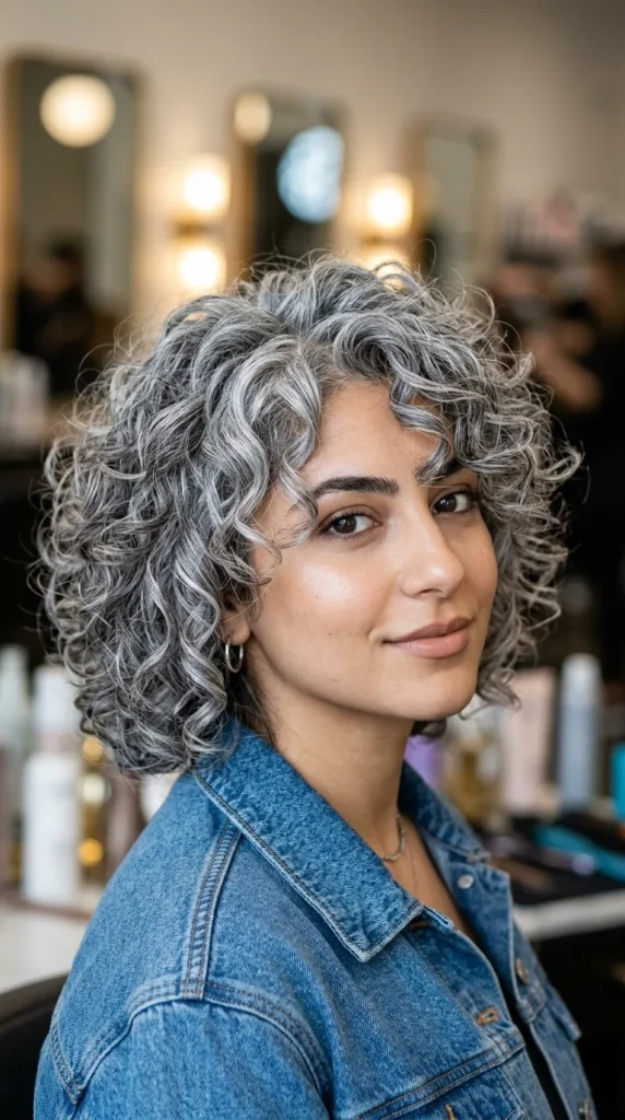 Natural Gray Curly Bob with Layers