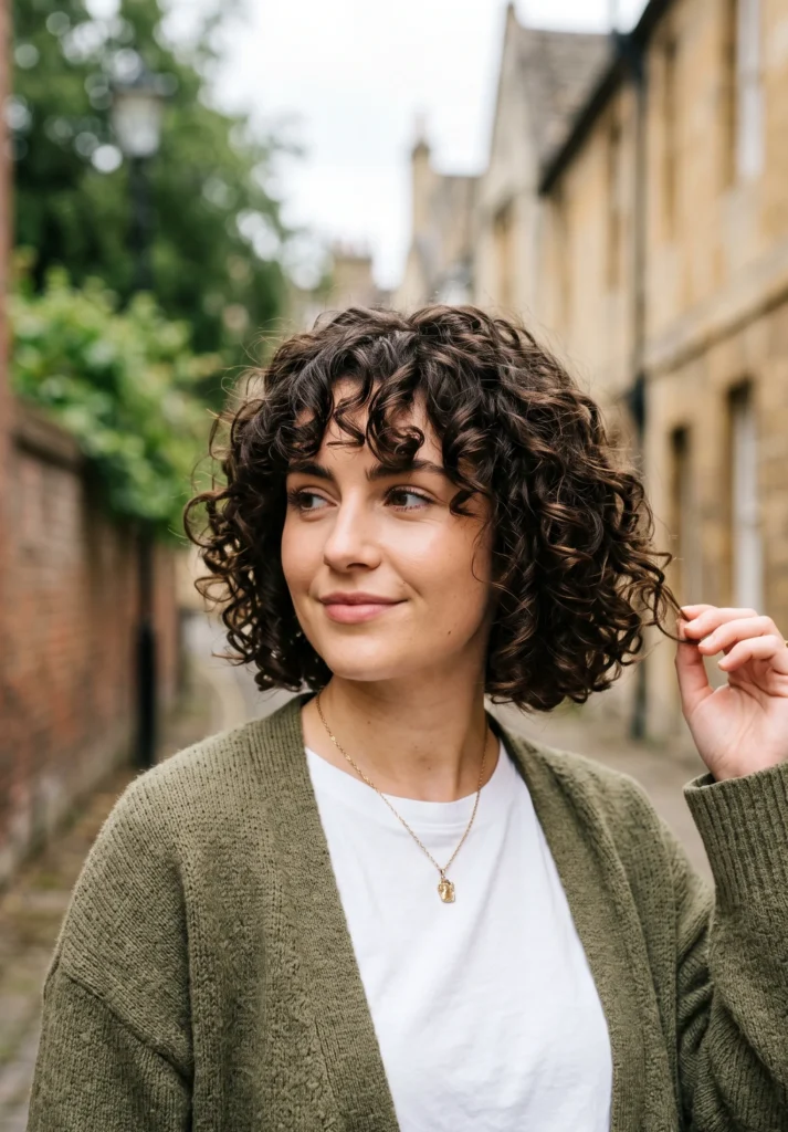 Short Curly Hair with Curtain Bangs