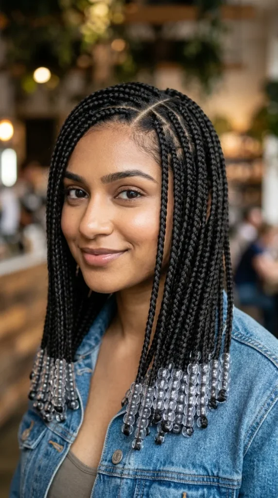 Side-Part Knotless Braids with Beads