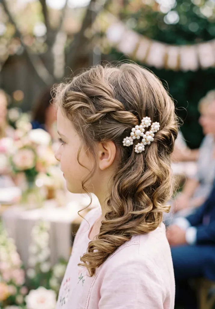 Side-Swept Curls with Pearl Hairpins