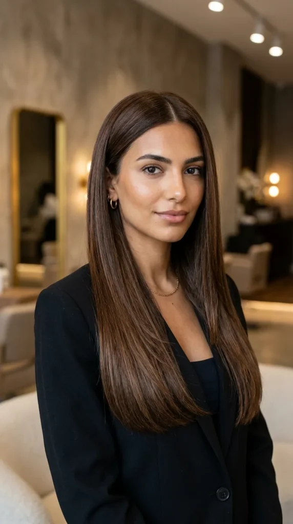 Sleek Chocolate Brown Hair with Invisible Layers
