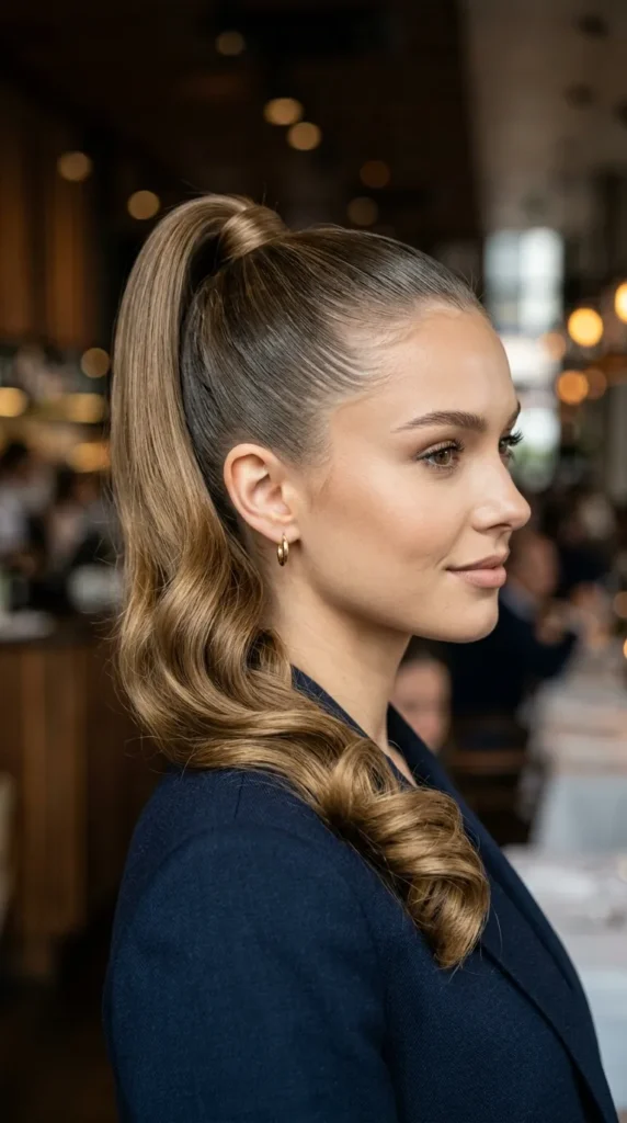 Sleek High Ponytail with Curled Ends