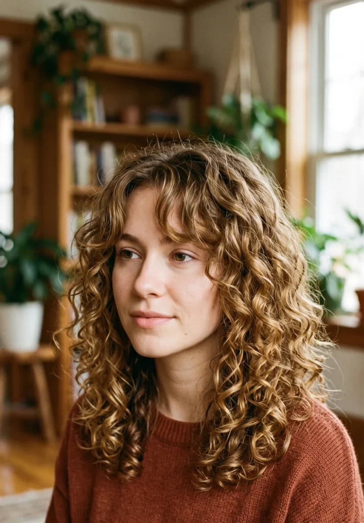 Soft Curly Hair with Curtain Bangs