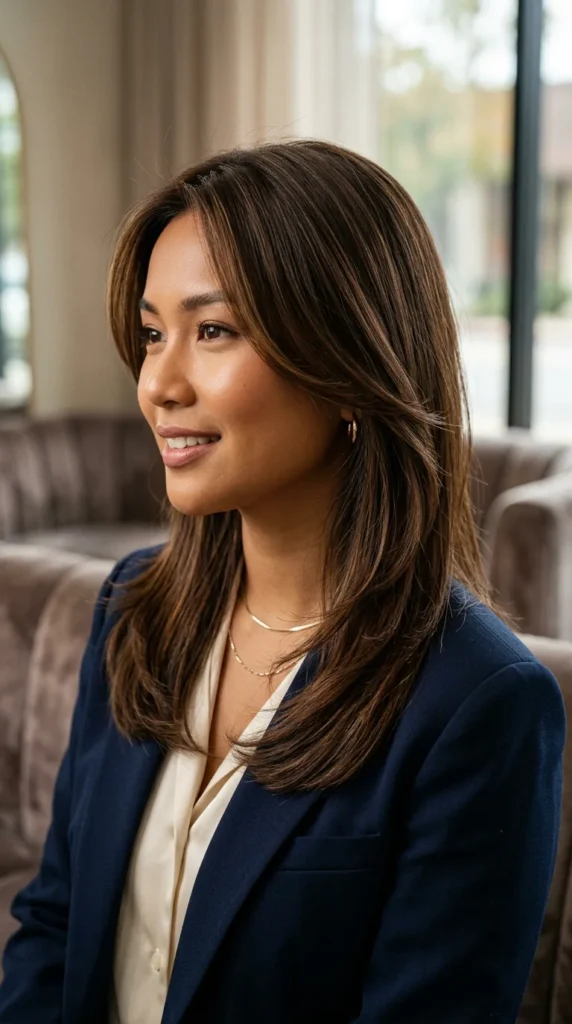 Soft Layered Shoulder-Length Hairstyle for Round Face