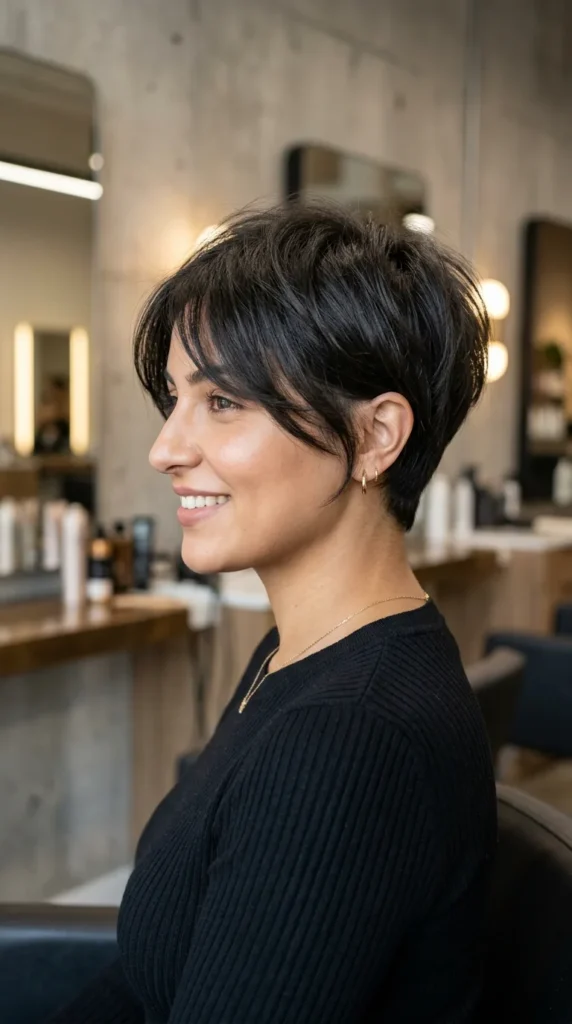 Soft Pixie Cut for Round Face with Long Bangs