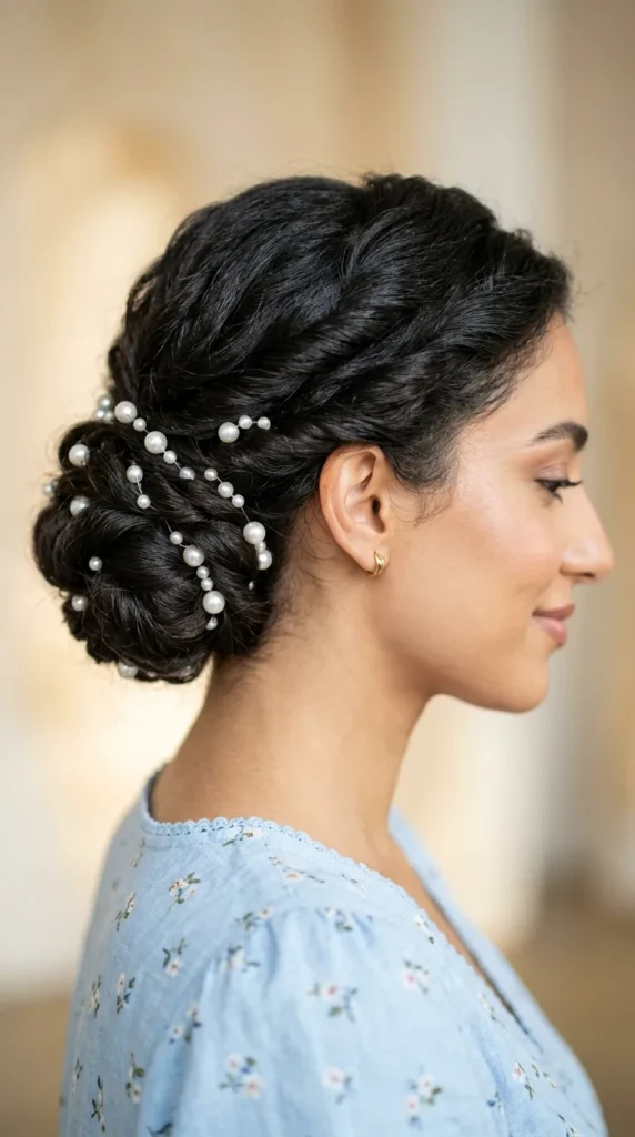 Twisted Low Bun with Pearls
