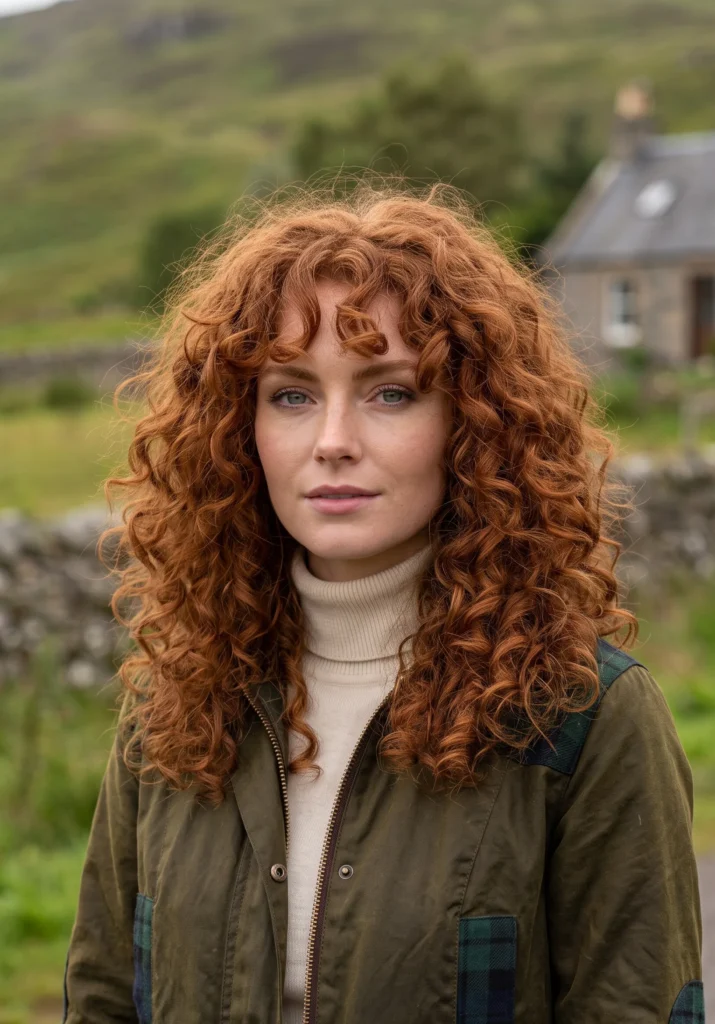 Voluminous Curly Hair with Curtain Bangs