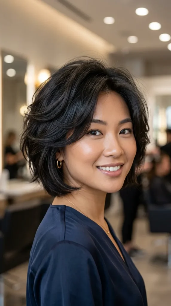 Voluminous Short Layered Cut with Blowout Finish