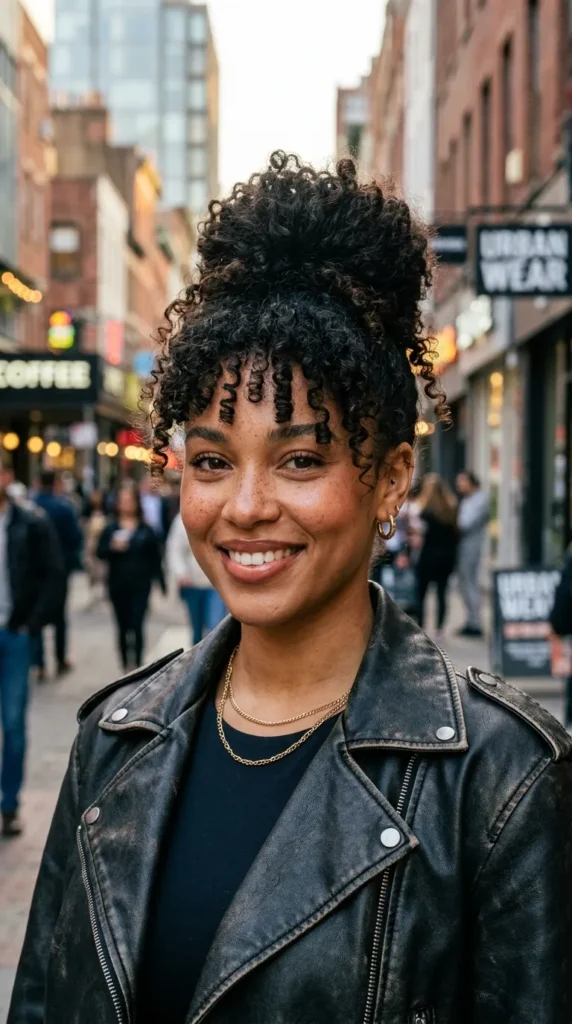 Curly Bangs with High Bun