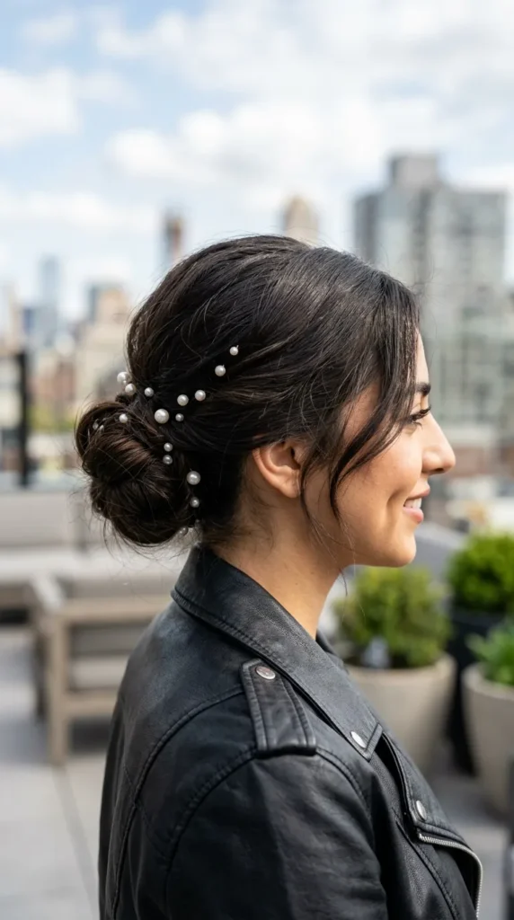 Pearl-Accented Low Bun Hairstyle