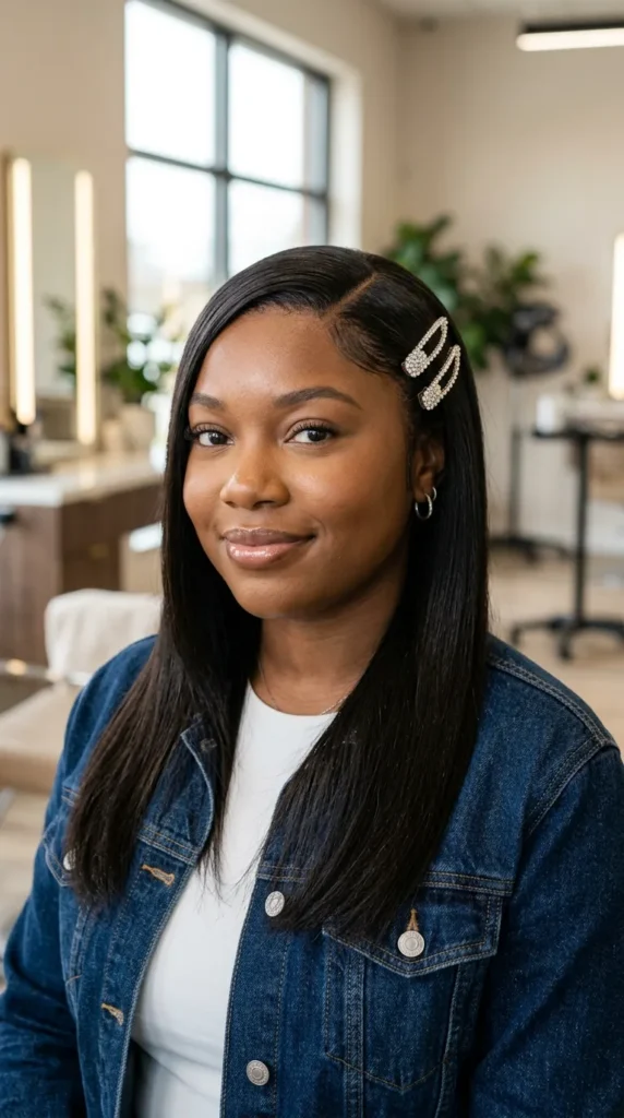 Sleek Straight Hair with Rhinestone Clips