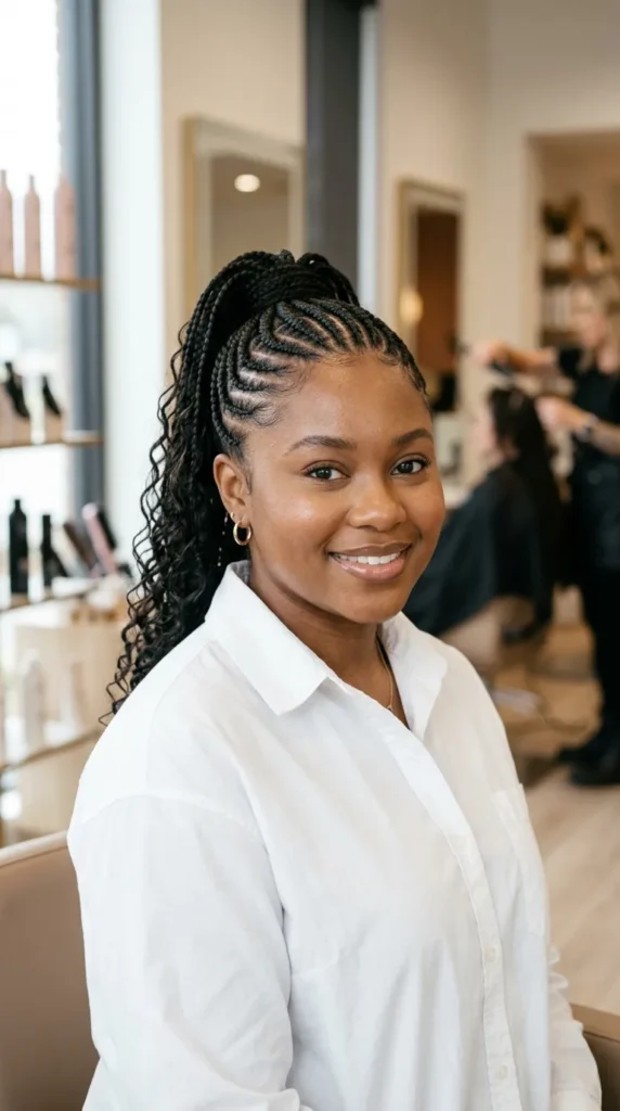 Stitch Braids into High Ponytail